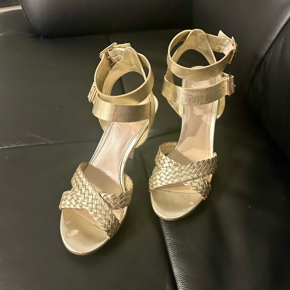 Marc Fisher gold sandals with 4.5 in. Heel. Comfortable platform. Ankle straps - Picture 2 of 5
